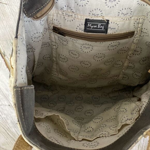 Myra The Gypsy Upcycled Canvas and Genuine Cowhide Leather Tote Bag - Picture 9 of 12
